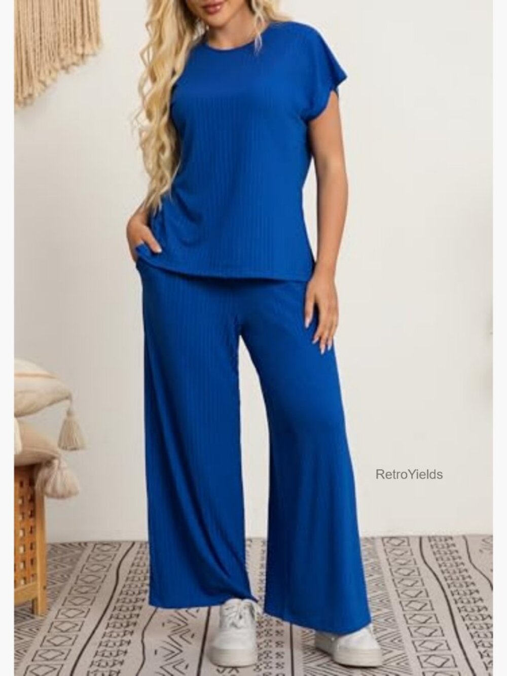 Plus Size Lounge Set Cap Sleeve Top Wide Leg Pants Matching Tracksuit Outfits - Picture 3 of 7